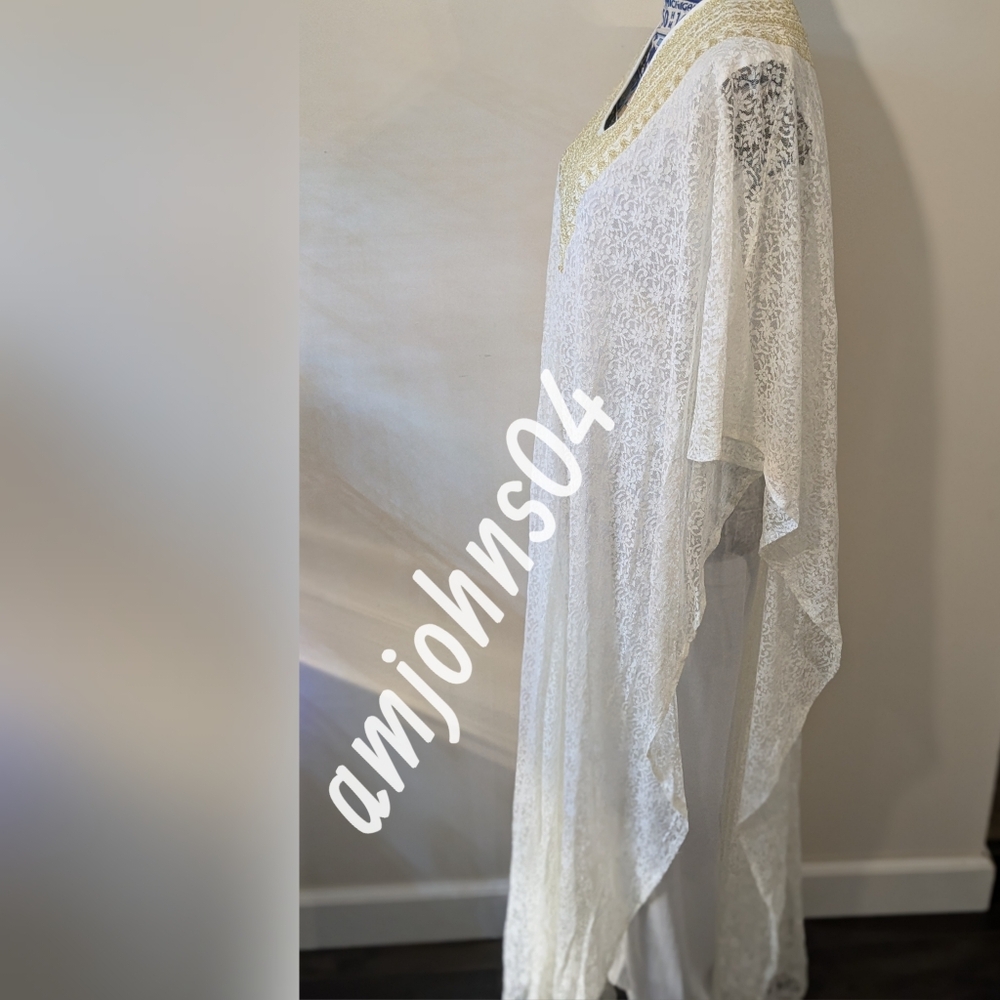 Gorgeous Cream & Gold Embroidered V- Neck Lace Kaftan Dress - Picture 3 of 6